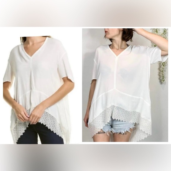 MAJE Lexia Cocoon Tunic Top Ecru Lace Hem V-Neck Blouse size 1 - Picture 1 of 14